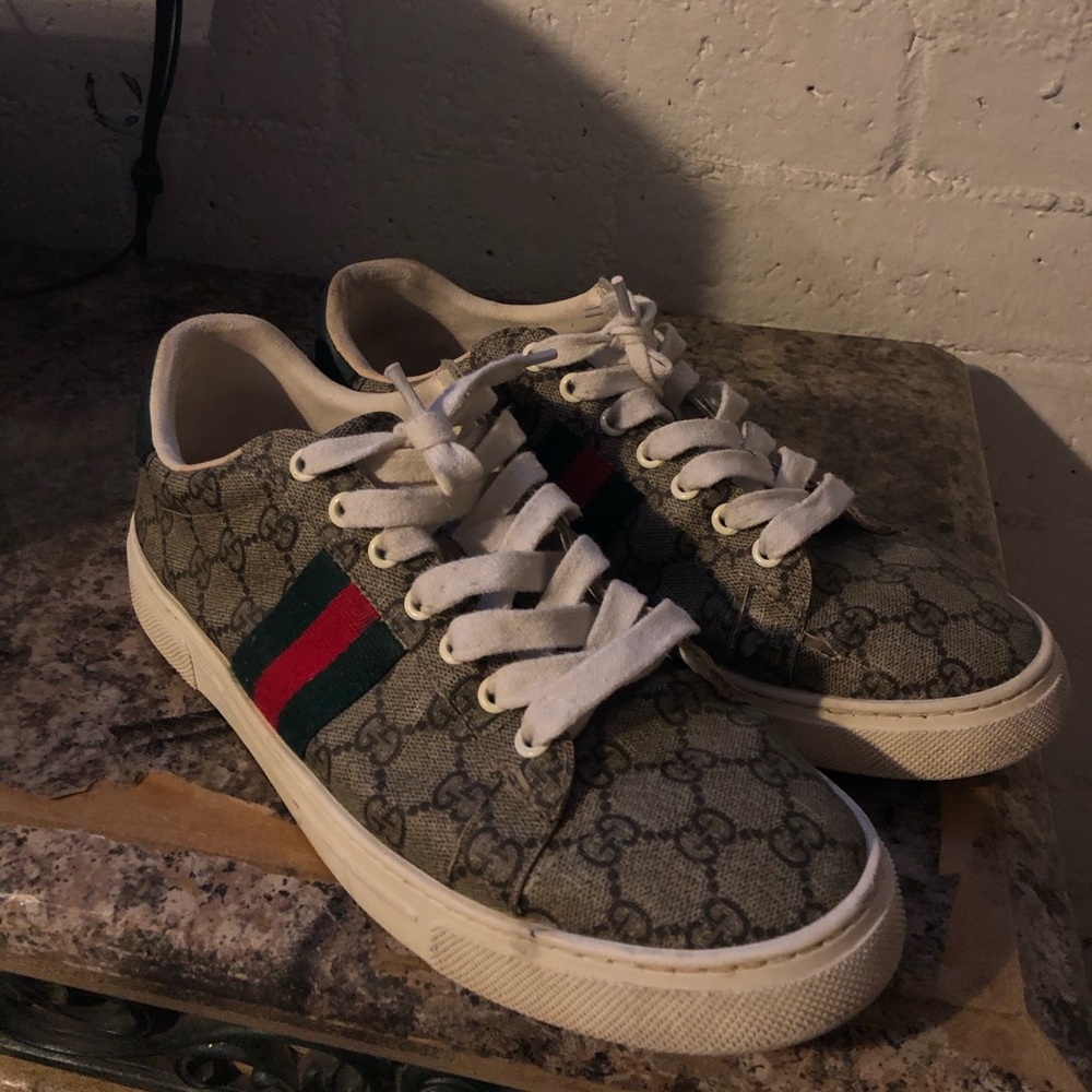 Gucci Monogram Sneakers with Red and Green Accents